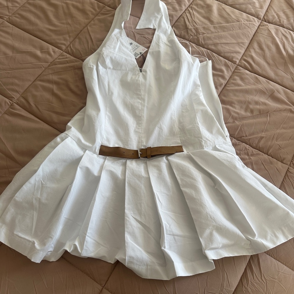 Zara White Mini Dress with Tan Belt
